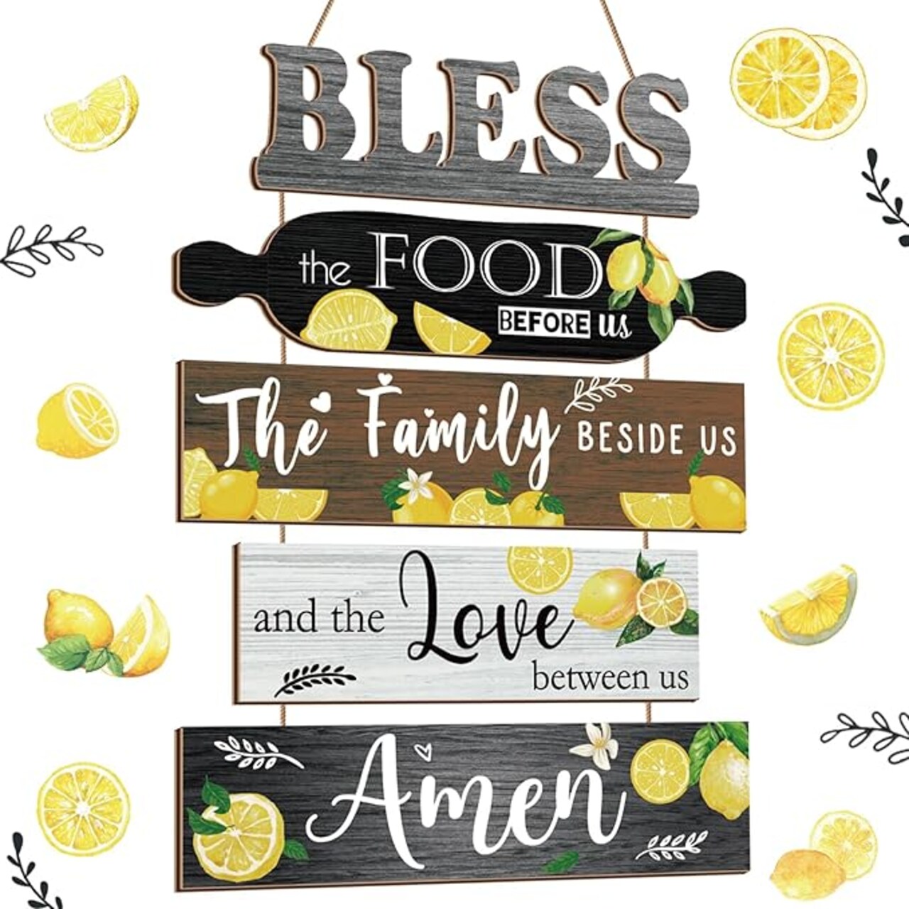 5 Pieces Kitchen Wall Decor Bless the Food Before Us Sign Farmhouse Rustic Dining Room Wall Art Wooden Hanging Signs for Kitchen Decor Hanging Plaque for Home(Lemon)